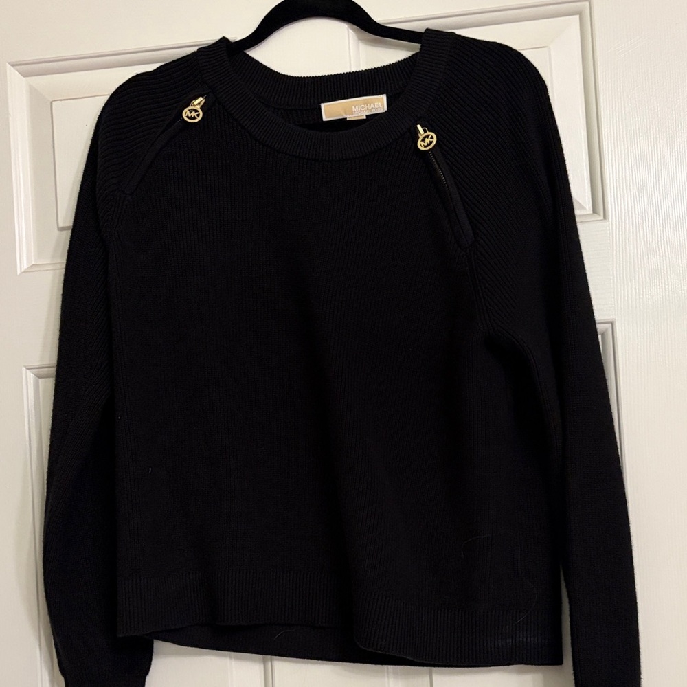 Michael Kors Black Knit Sweater with Gold MK Zipper Accents large